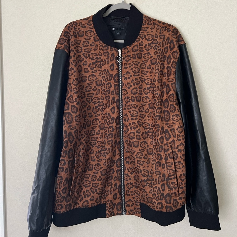 Leopard and black leather jacket.